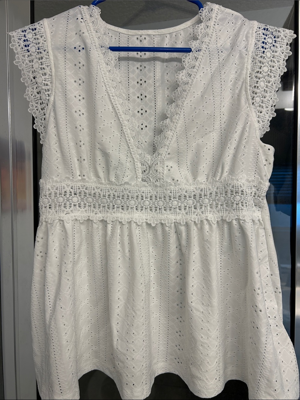 White Lace Eyelet V-Neck Women's Dress